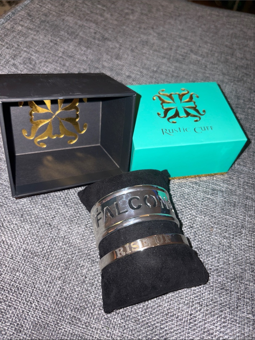 Rustic Cuff Silver Tone Engraved Falcons and 'Rise Up' Cuff Bracelets